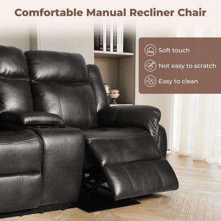 Leather Manual Recliner Sofa Set, Reclining Sofa Chair with Adjustable Angle, Living Room Furniture Sets, Includes Single Recliner Chair and Loveseat Sofa, Black