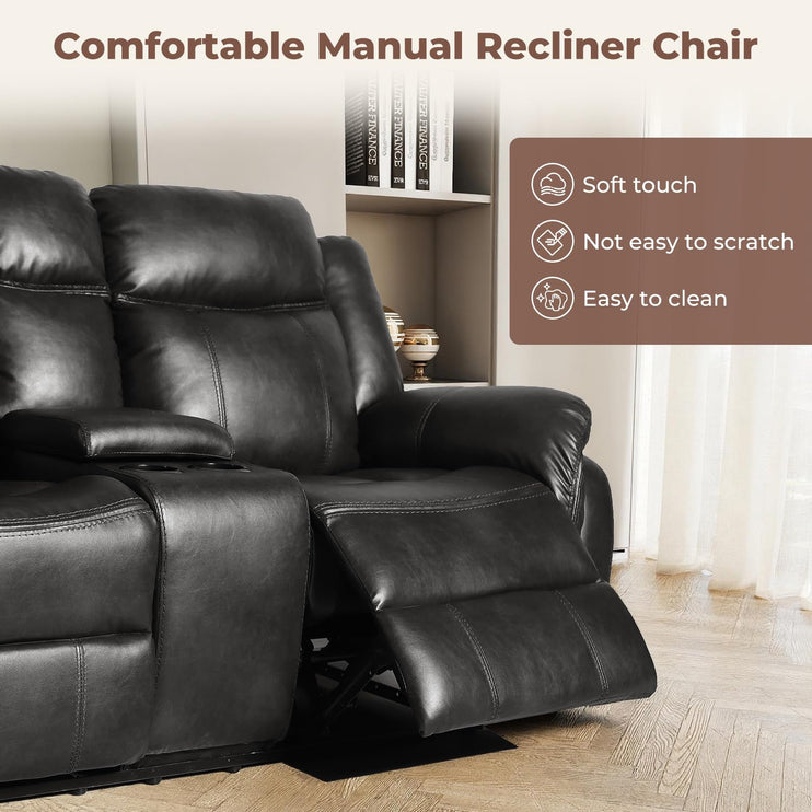 Leather Manual Recliner Sofa Set, Reclining Sofa Chair with Adjustable Angle, Living Room Furniture Sets, Includes Single Recliner Chair and Loveseat Sofa, Black