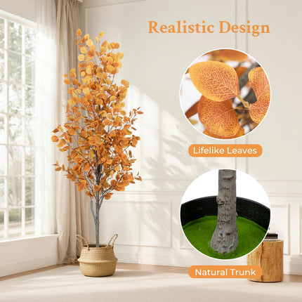 6FT Artificial Eucalyptus Tree with Wicker Basket & Black Pot, Indoor Green Faux Eucalyptus Trees, Fake Eucalyptus Plants with Lifelike Leaves & Natural Trunk for Home Office Bedroom, 1 Pack