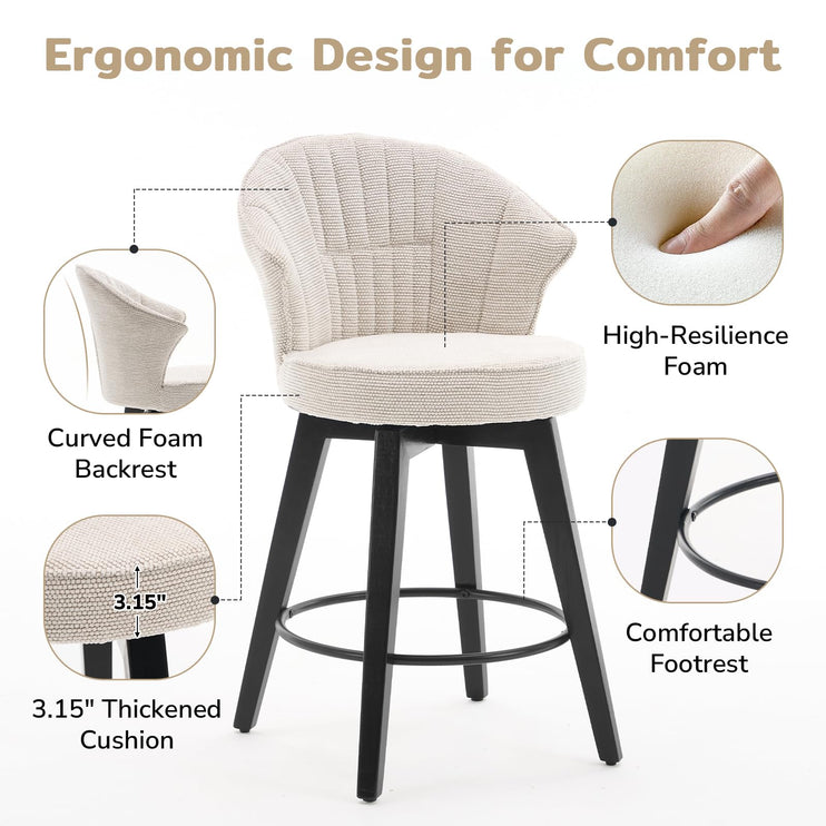 Bar Stools Set of 2, 25" Counter Height Stools, 360° Swivel Bar Stools, Stools for Kitchen Counter, Barstools Set of 2 with Wood Legs & Chenille Upholstery for Pub & Dining Room-White