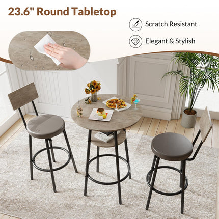 3 Pieces Round Bar Table and Chairs Set, Small Dining Table for 2, Kitchen Bar Table, Breakfast Table with Storage, 2 Thickened Cushion Stools with Backrest for Dining Room & Bistro-Grey