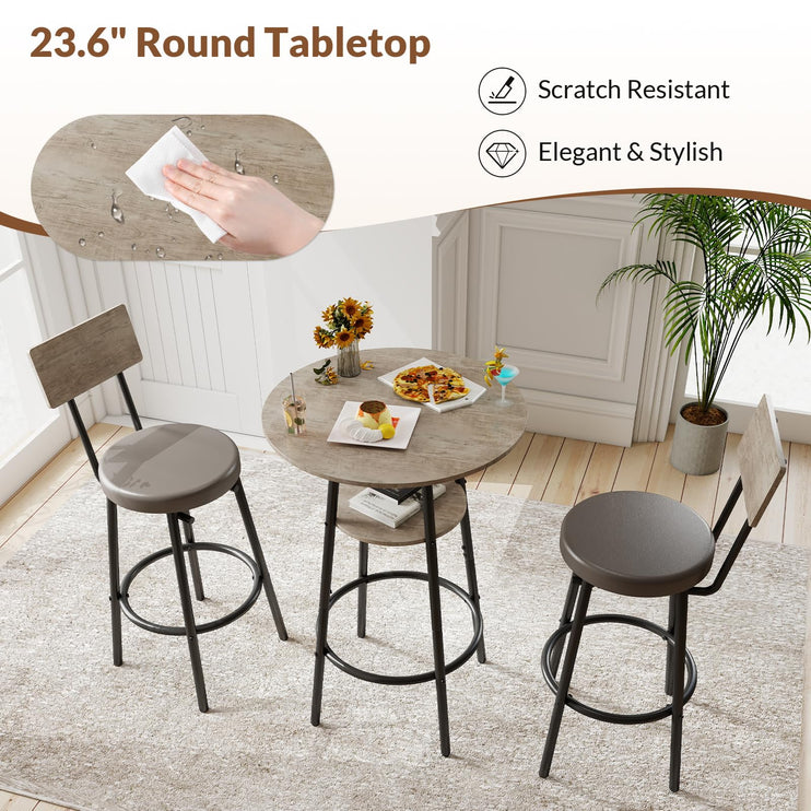 3 Pieces Round Bar Table and Chairs Set, Small Dining Table for 2, Kitchen Bar Table, Breakfast Table with Storage, 2 Thickened Cushion Stools with Backrest for Dining Room & Bistro-Grey