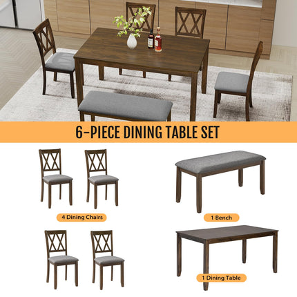 6-Piece Solid Wood Dining Table Set, Dining Table & Chair Set for 6, Including 1 Dining Table, 4 Upholstered Chairs and 1 Bench, Dining Table Set for Dining Room & Kitchen, Walnut