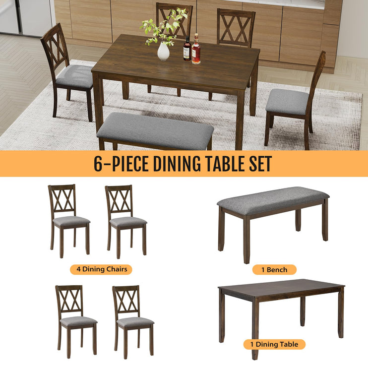6-Piece Solid Wood Dining Table Set, Dining Table & Chair Set for 6, Including 1 Dining Table, 4 Upholstered Chairs and 1 Bench, Dining Table Set for Dining Room & Kitchen, Walnut