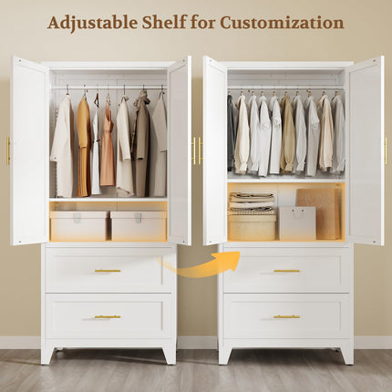 Metal Armoire Wardrobe Closet with Drawers, 2 Doors and Adjustable Shelf, White Wardrobe Cabinet 70.87" X 31.5" X 17.72" Tall Storage Cabinets for Bedroom, Laundry Room, Office