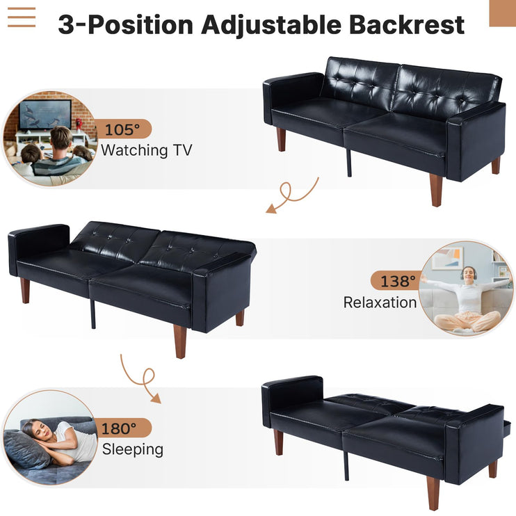 Futon Sofa Bed Futon Couch Loveseat, Convertible Recliner Lounge with Adjustable Backrest, Foam and Spring Cushions for Living Room Apartment Office, PU Leather, Glossy Black