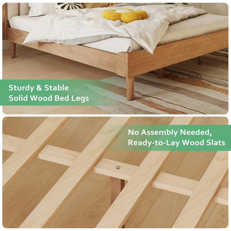 Wood Queen/King Bed Frame with Piano Key Style Upholstered Headboard, Sturdy Solid Wood Framework & Wooden Slat Support, No Box Spring Required, Wheat