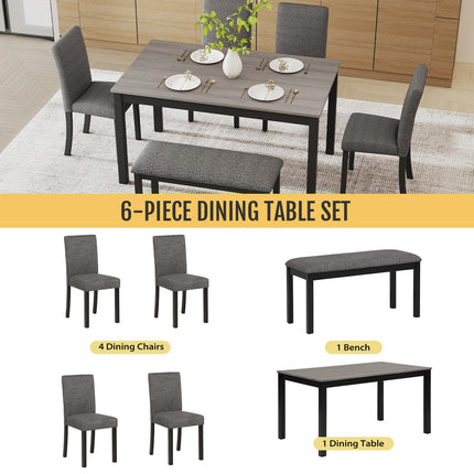 6-Piece Solid Wood Dining Table Set, Including 1 Dining Table, 4 Upholstered Chairs and 1 Bench, Wooden Legs Dining Table Set for Dining Room, Kitchen, Restaurant, Dark Grey