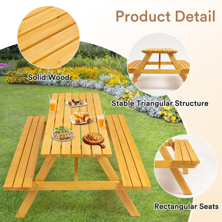 8 Person Wood Picnic Table, Rectangle Tabletop with Umbrella Hole, 2 Built-in Long Benches, 2220LBS Total Capacity for Gardens, Yards, Pale Wood