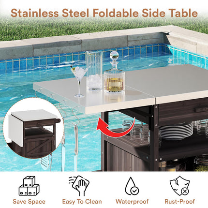 Outdoor Grill Cart with Drop Leaf, Stainless Steel Tabletop Outdoor Kitchen Island, Solid Wood Outdoor Buffet Cabinet with Drawer, Towel Rack, Lockable Wheels for Grilling, Brown/Light Wood Color/Gray-blue