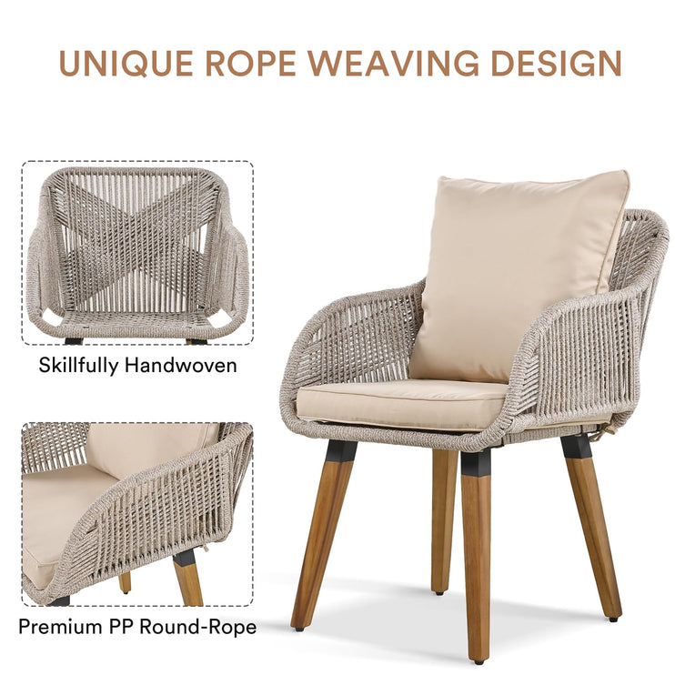 5 Piece Rope Patio Furniture Set, All-Weather Conversation Sets for Backyard with Handwoven Armchairs, Ottomans, Pop-Up Cool Bar Wicker Table, Beige