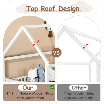 Twin House Bed for Kids, Wooden Montessori Bed with Fence and Roof for Toddlers, Kids Floor Bed Frame for Girls & Boys, Twin Grey