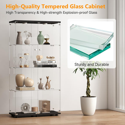 Tempered Glass Display Cabinet with Lights, 4-Tier Curio Cabinet with Glass Doors and Lock, Glass Display Case for Collectibles, for Living Room, Bedroom, Office, Black, Double Door