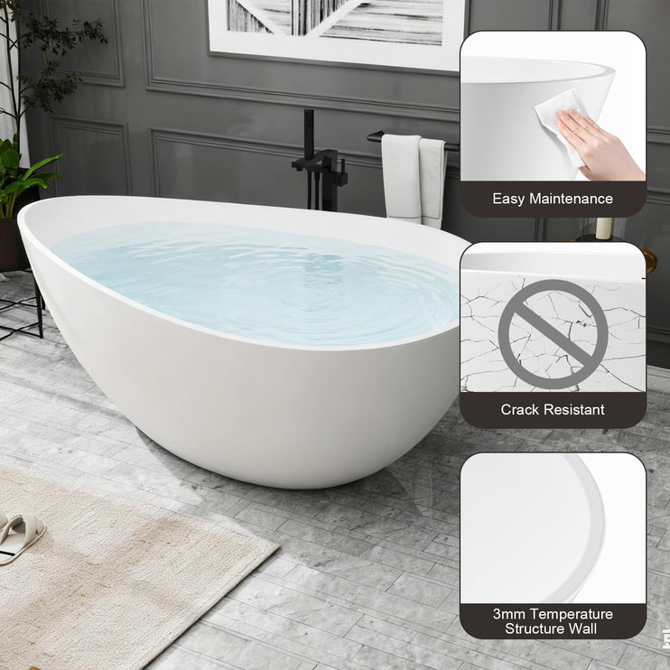 63 Inch Stone Resin Freestanding Bathtub, Modern Oval Soaking Bathtubs Tubs, Contemporary Solid Surface Bathtubs with Overflow and Pop-up Drain, Matte White