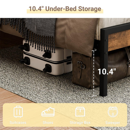 Queen Size Bed Frame with Headboard, Headboard with Charging Station, 2 USB Port & 2 AC Power Outlet, Queen Metal Platfrom Bed Frames No Box Spring Needed, Sturdy & Assembly, Brown