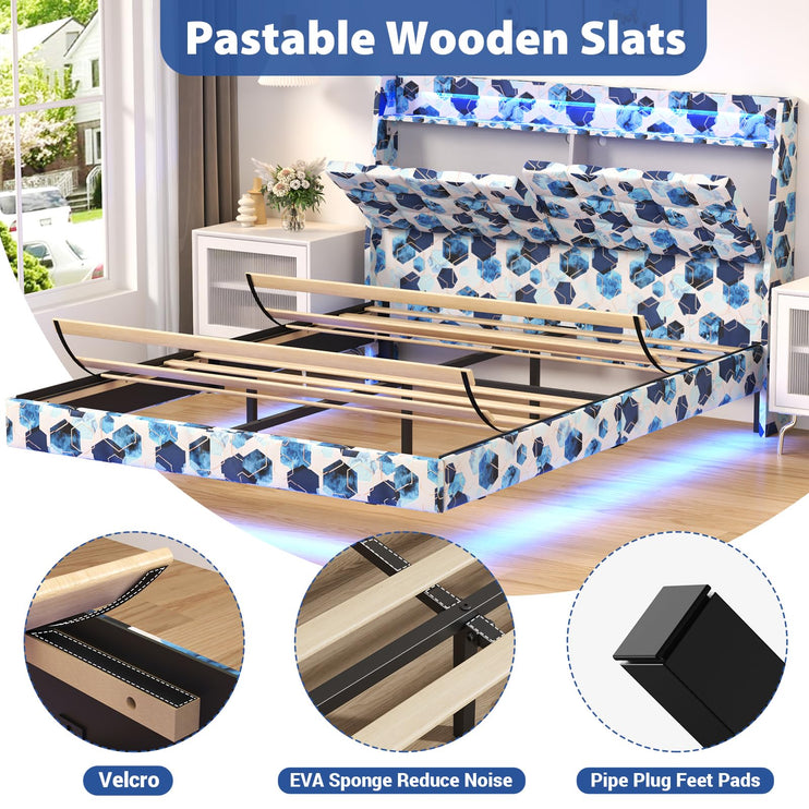 Floating Queen Bed Frame with Storage, Upholstered Platform Bed Frame Queen with LED Lights, Floating Bed Frame with Headboard, Charging Station with USB Ports, No Noise, Blue