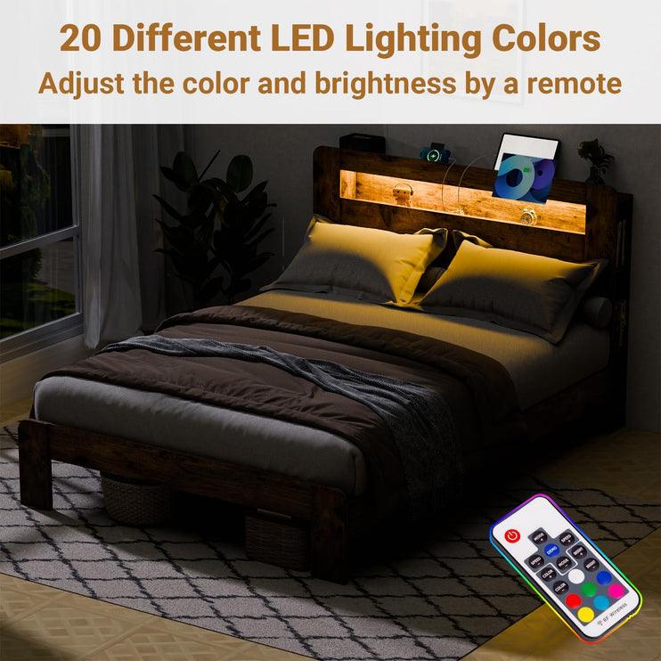 Full Size Bed Frame with LED Lights, Full Bed Frame with Headboard, Charging Station with 2 USB Ports & 2 AC Outlets, Sturdy Wood Framework, No Noise, Rustic Brown (Rectangular Slot)