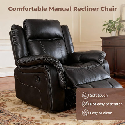 Leather Manual Recliner Sofa Set, 1, 2, 3 Seat Reclining Chairs with Adjustable Angles, Center Console, Hidden Storage & Cup Holders, Modern Reclining Furniture for Living Room & Bedroom, Black