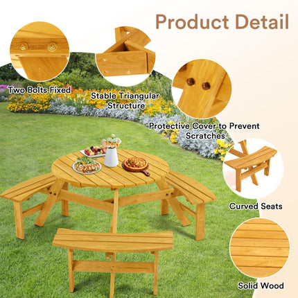 6 Person Wood Picnic Table, Round Tabletop with Umbrella Hole, 3 Built-in Curved Benches, 1720LBS Total Capacity for Balcony, Garden, Light Wood Color