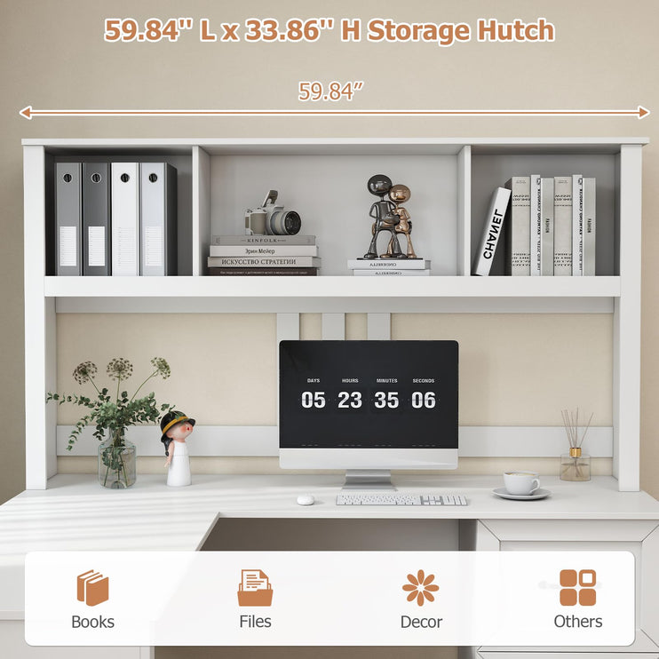 60" L Shaped Desk with Hutch and Drawers, Corner Computer Desk with Open Storage Shelves, Wooden Executive Desk for Home Office or Bedroom, Modern White