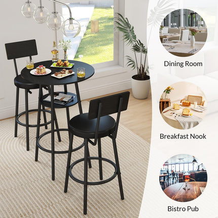 3 Pieces Round Bar Table Set, Small Dining Table for 2, Black Kitchen Bar Table, Breakfast Table with Storage, 2 Thickened Cushion Stools with Backrest for Dining Room & Bistro-Black