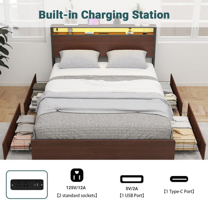 Full Size Bed Frame with 4 Storage Drawers, Full Platform Bed Frames with 2 Tier Storage Headboard, Charging Station, Adjustable LED Light, Noise-Free, No Box Spring Required, Reddish Brown