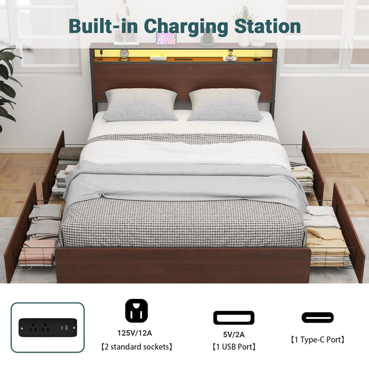 Full Size Bed Frame with 4 Storage Drawers, Full Platform Bed Frames with 2 Tier Storage Headboard, Charging Station, Adjustable LED Light, Noise-Free, No Box Spring Required, Reddish Brown