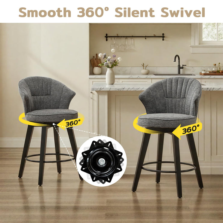 Bar Stools Set of 2, 25" Counter Height Stools, 360° Swivel Bar Stools, Stools for Kitchen Counter, Barstools Set of 2 with Wood Legs & Chenille Upholstery for Pub & Dining Room-Grey