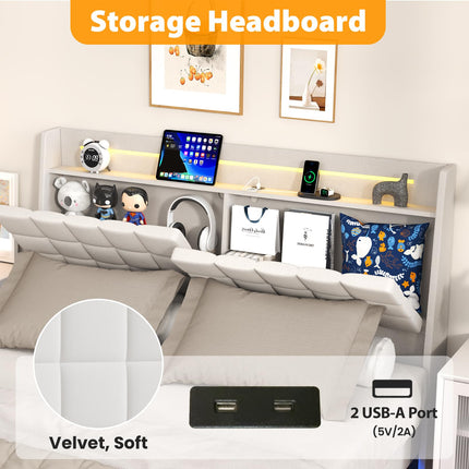 Floating Queen Bed Frame with Storage, Upholstered Platform Bed Frame Queen with LED Lights, Floating Bed Frame with Headboard, Charging Station with USB Ports, Noiseless, White