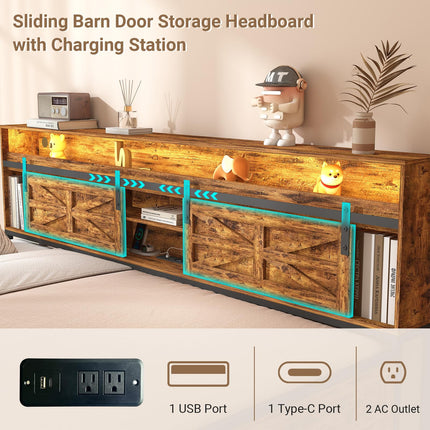 Twin Daybed with Trundle Bed, Rustic Farmhouse Daybed Frame with Sliding Barn Door Headboard LED Lights and Charging Station, Heavy Duty Metal Daybed for Bedroom Living Room Guest Room Brown