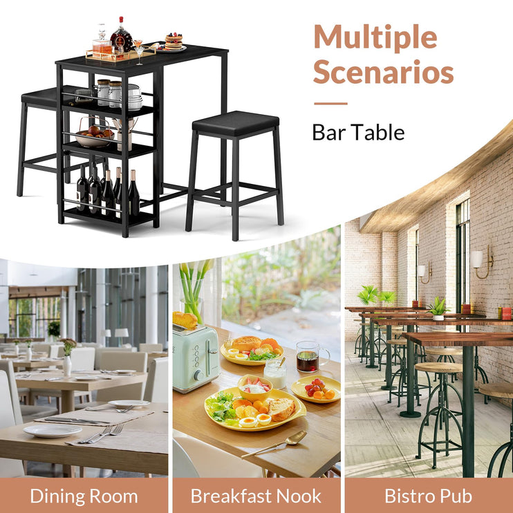 3 Pieces Pub Dining Table Set, Dining Table Set for 2, Counter Height Dining Set, Black Kitchen Bar Table, with 3 Storage Shelf & 2 H-Shaped Frame Support PU Stools for Bar, Kitchen-Black