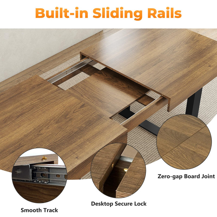 63"-78.7" Expandable Dining Table, 6-10 Extendable Dining Table, Farmhouse Kitchen Table with Slide Track, Tapered U-Shaped Wood Legs for Dining Room, Living Room-Brown
