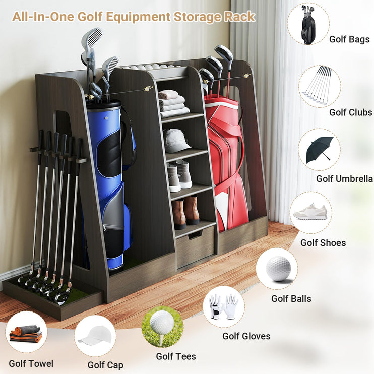 Wooden Golf Bag Organizer and Storage Rack, Golf Storage Organizer for Garage, Golf Bag storage Rack, Holds 2 Golf Bags and Other Golfing Equipment, Suitable for Garage Home Golf Club