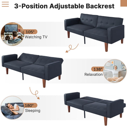 Futon Sofa Bed Futon Couch Loveseat, Convertible Recliner Lounge with Adjustable Backrest, Foam and Spring Cushions for Living Room Apartment Office, PU Leather, Matte Black
