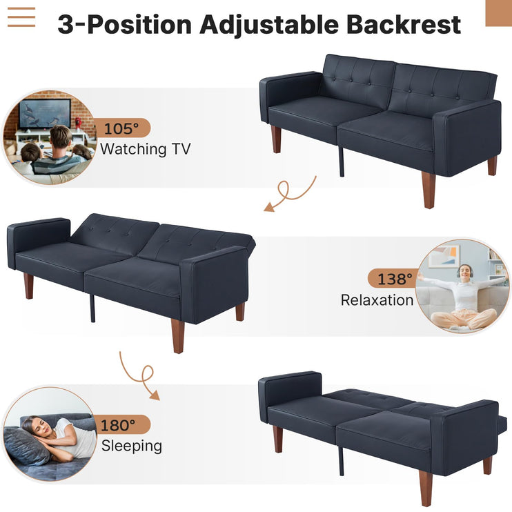 Futon Sofa Bed Futon Couch Loveseat, Convertible Recliner Lounge with Adjustable Backrest, Foam and Spring Cushions for Living Room Apartment Office, PU Leather, Matte Black