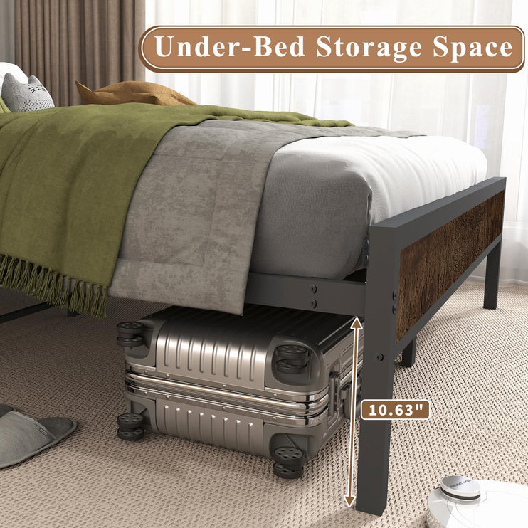 Full Size Bed Frame with Headboard & Charging Station, Full Upholstered Headboard with Storage Shelf, Heavy Duty Metal Platform Bed Frame, No Box Spring Needed, Easy Assembly