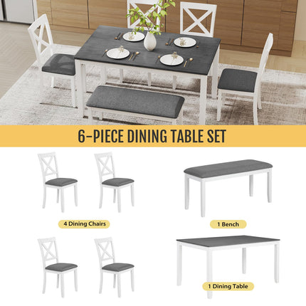 6-Piece Solid Wood Dining Table Set, Including 1 Dining Table, 4 Upholstered Chairs and 1 Bench, Wooden Legs Dining Table Set for Dining Room, Kitchen, Restaurant, White