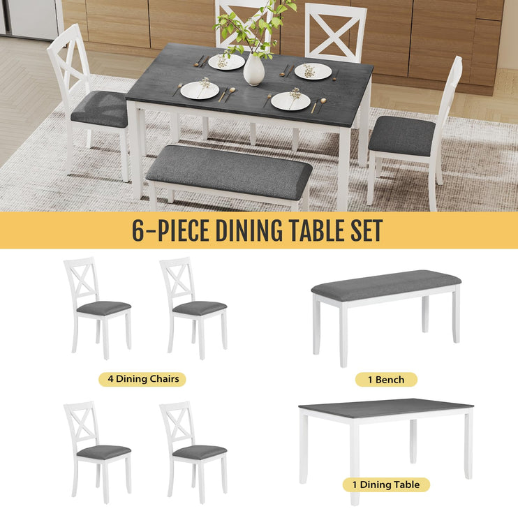 6-Piece Solid Wood Dining Table Set, Including 1 Dining Table, 4 Upholstered Chairs and 1 Bench, Wooden Legs Dining Table Set for Dining Room, Kitchen, Restaurant, White