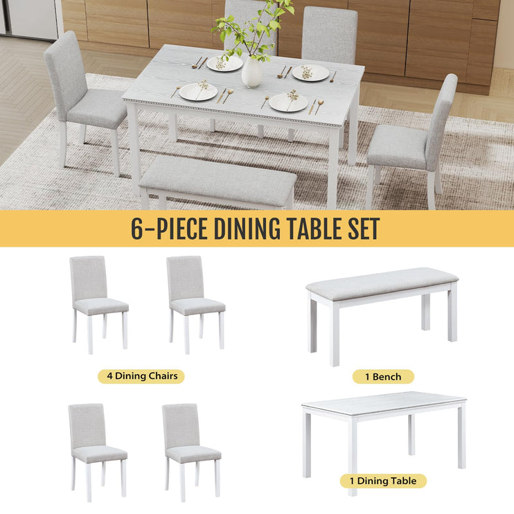 6-Piece Solid Wood Dining Table Set, Including 1 Dining Table, 4 Upholstered Chairs and 1 Bench, Wooden Legs Dining Table Set for Dining Room, Kitchen, Restaurant, White Diamond