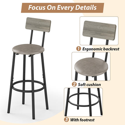 Dining Table Set for 2, 3-Piece Bar Table and Chairs Set, Kitchen Table and Chairs, High Top Table with 2 PU Upholstered Stools, Space-Saving Pub Table Sets for Small Space, Gray