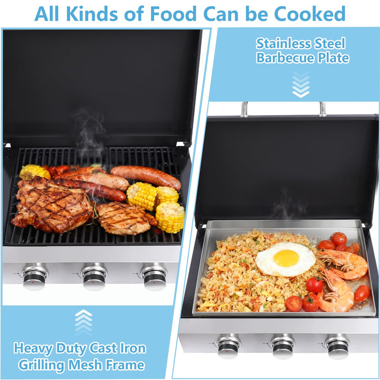 3 Burner Portable Propane Grill, Tabletop Gas Grill with Stainless Steel Grill Tray, Regulator, 28,680 BTU Gas Griddle Flat Top Grill for Patio, Garden Barbecues, Camping