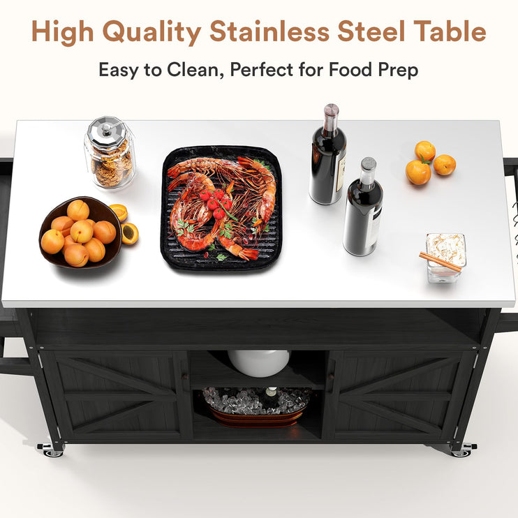 Outdoor Grill Cart, Stainless Steel Tabletop Outdoor Kitchen Island, Solid Wood Outdoor Buffet Cabinet with Lockable Wheels for Grilling, Black