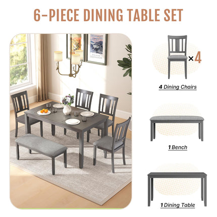 6-Piece Wooden Dining Table Set, Dining Table Set for 6, Including 1 Dining Table, 4 Upholstered Chairs and 1 Bench, Wooden Legs Dining Table, Table Set for Dining Room & Kitchen, Grey