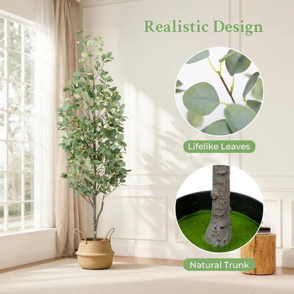 6FT Artificial Eucalyptus Tree with Wicker Basket & Black Pot, Indoor Green Faux Eucalyptus Trees, Fake Eucalyptus Plants with Lifelike Leaves & Natural Trunk for Home Office Bedroom, 2 Pack