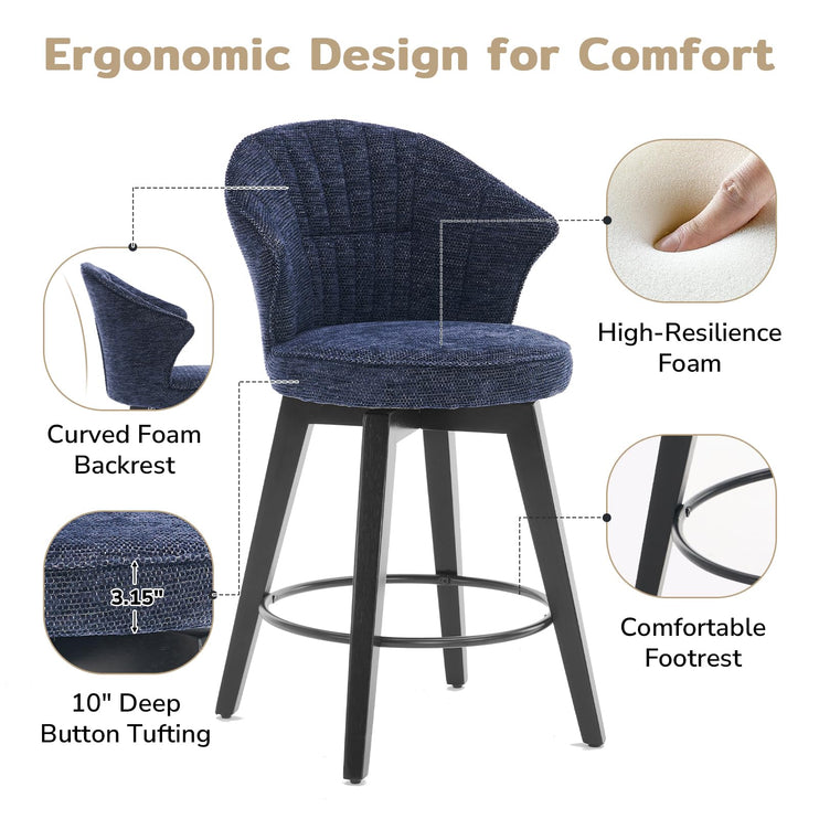 Bar Stools Set of 2, 25" Counter Height Stools, 360° Swivel Bar Stools, Stools for Kitchen Counter, Barstools Set of 2 with Wood Legs & Chenille Upholstery for Pub & Dining Room-Blue
