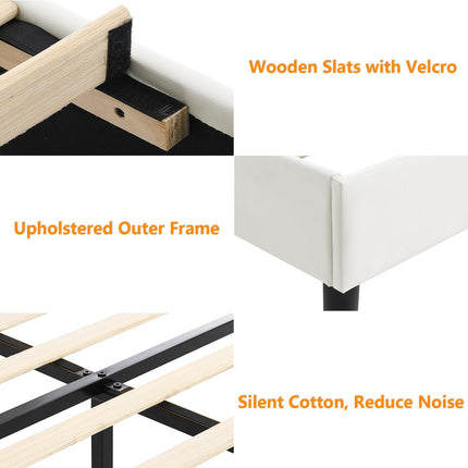 Upholstered Bed Frame King, PU Leather Upholstered Bed Frame with Headboard, Mattress Foundation with Sturdy Wooden Slats, No Box Spring Needed, No Noise, White