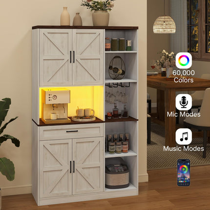 Kitchen Pantry Storage Cabinet with LED Lights and Charging Station, 71" Tall Kitchen Hutch Buffet Cabinet with Door Glass Holder and Drawers, Freestanding Wood Cupboard (Antique White)