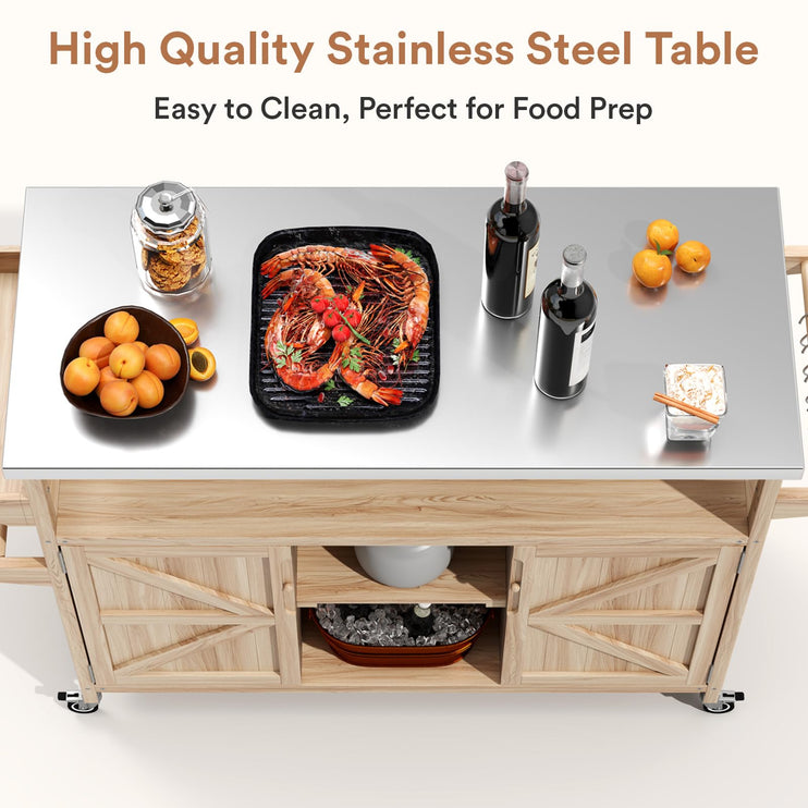 Outdoor Grill Cart with Storage, Stainless Steel Tabletop Outdoor Kitchen Island, Solid Wood Outdoor Buffet Cabinet with Wheels for Grilling, Light Wood Color