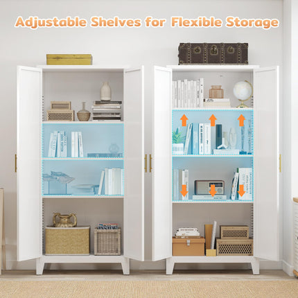 61" H Metal Kitchen Pantry Cabinet, Freestanding Cupboard with 2 Doors and 3 Adjustable Shelves, Tall Metal Storage Cabinet for Kitchen, Bathroom, Dinning Room or Laundry Room （White）