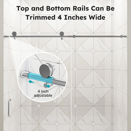 56"-60" W x 76" H Frameless Sliding Shower Door, Bathroom Sliding Door with 1/4'' Tempered Glass, Explosion-Proof Film, Silent Soft-Close Shower Door, Stainless Steel Handle, Brushed Nickel